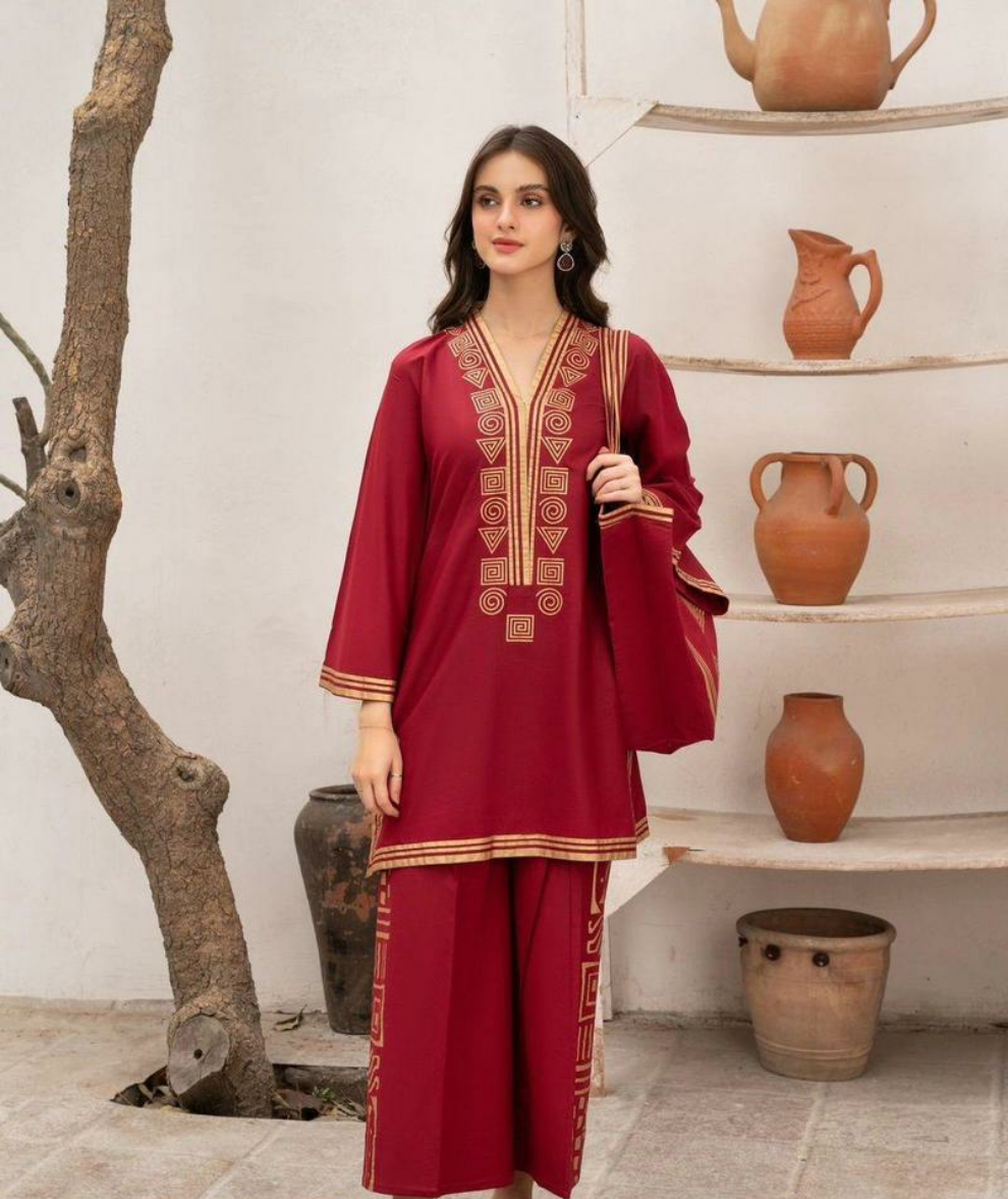 2Pcs Woman's Stitched Linen Printed Shirt And Trouser