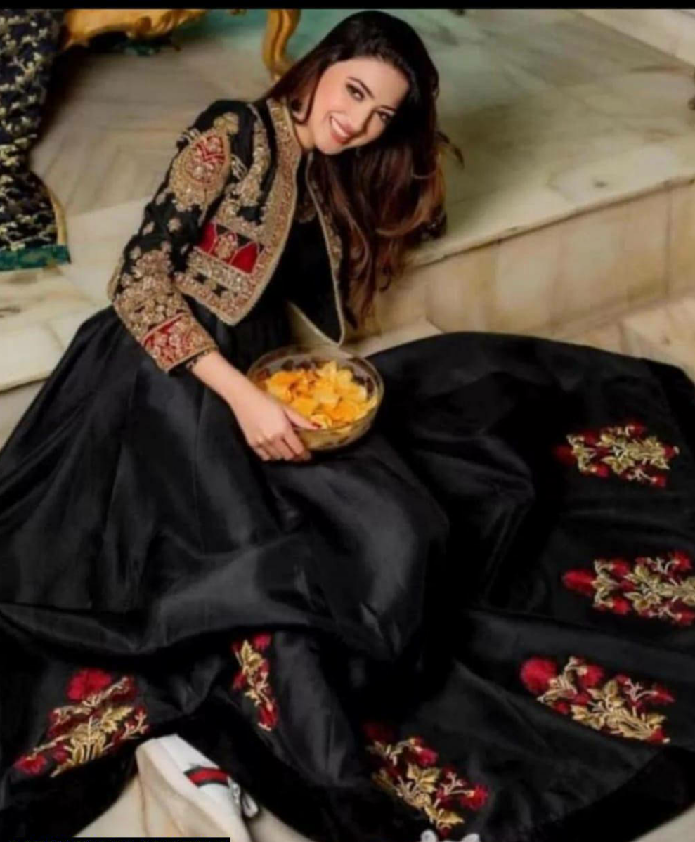 2 Pcs Woman stitched Silk Plain Maxi With Embroidered jacket
