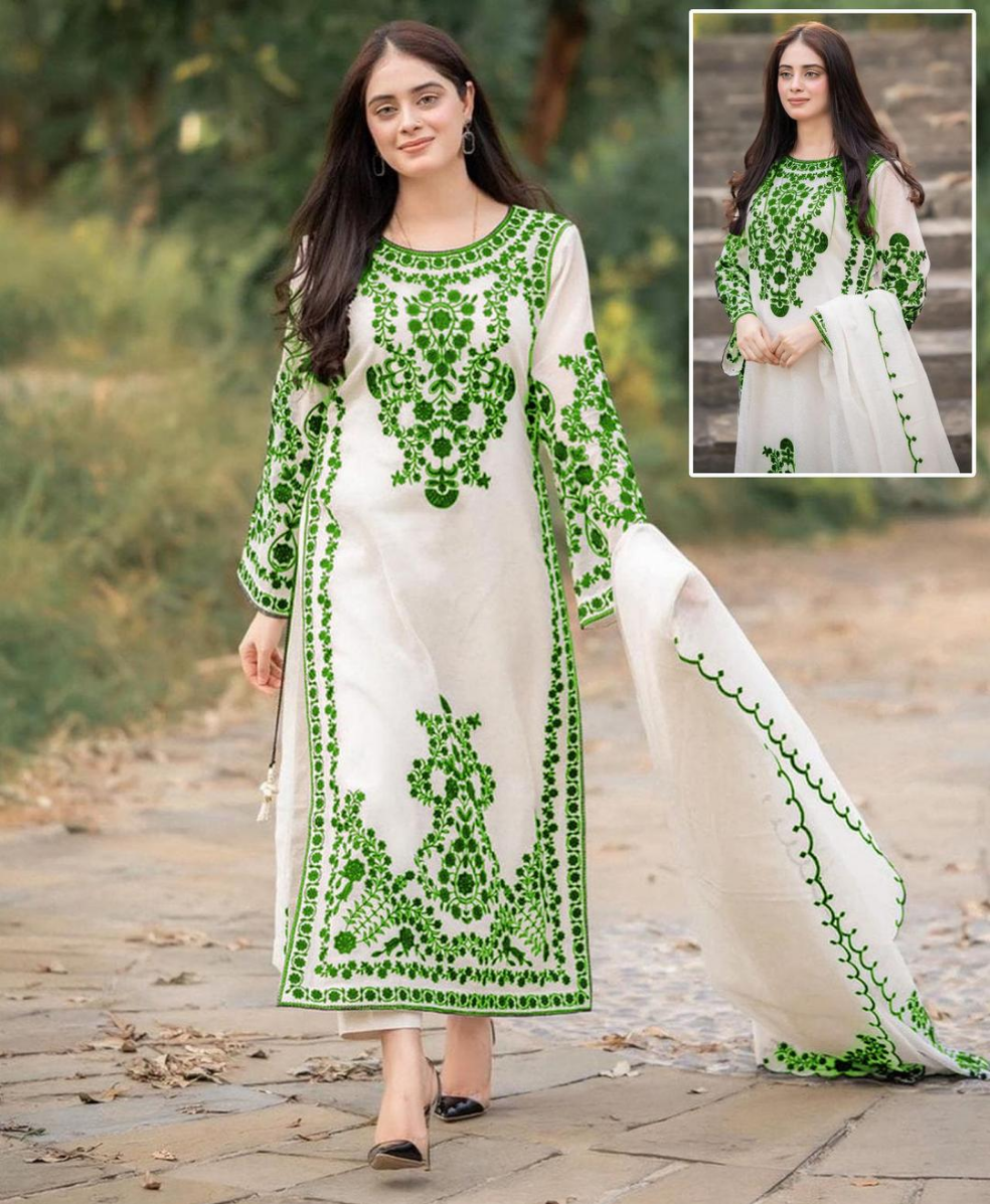 3Pcs Woman's Stitched Organza Embroidered Suits