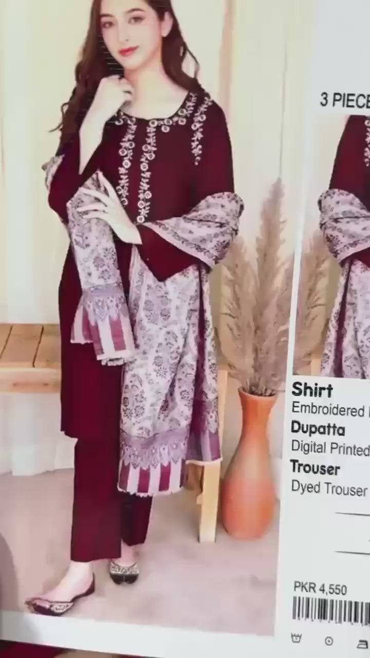 3 PCs Woman Unstitched Embroidered Suits