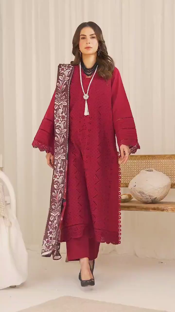 3 PCs Woman Unstitched Embroidered Suits