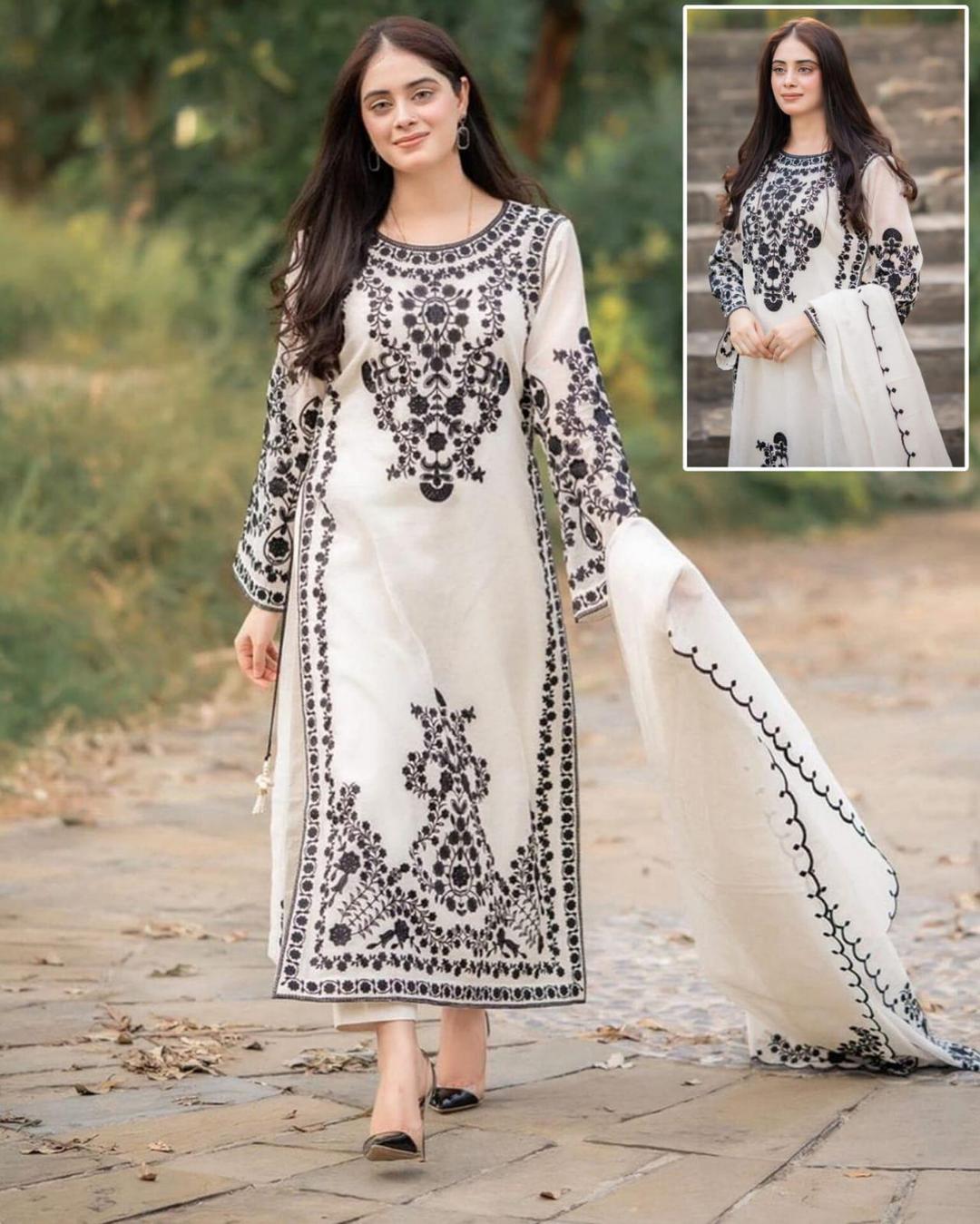 3Pcs Woman's Stitched Organza Embroidered Suits