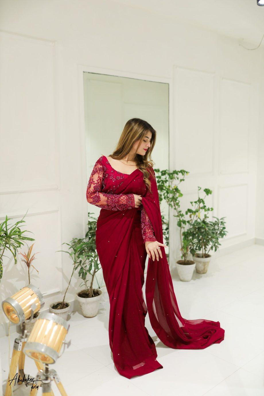 3 Pcs Woman's Chiffon Embroidered Stitched Saree