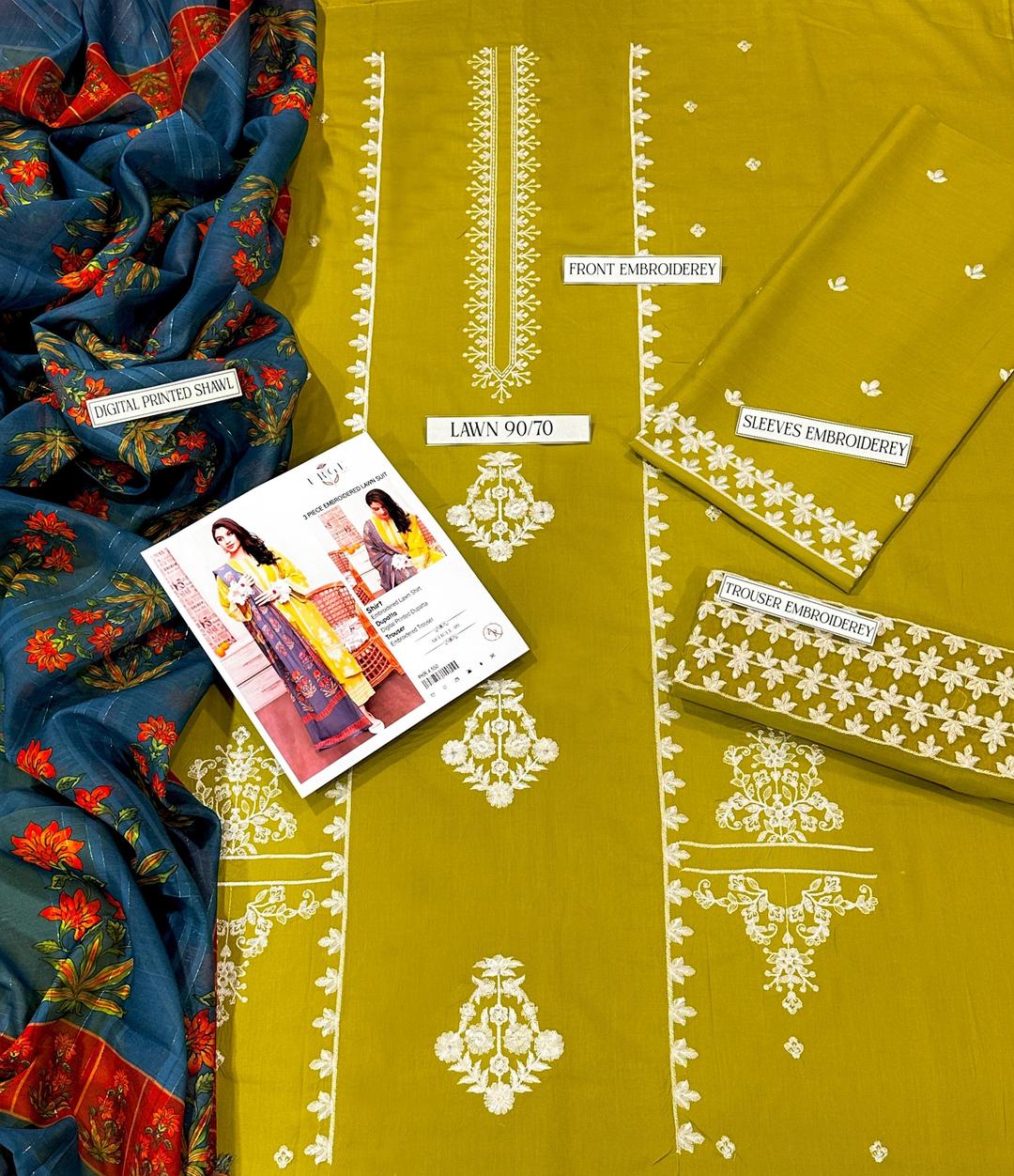 3 PCs Woman's Unstitched Embroidered Suits