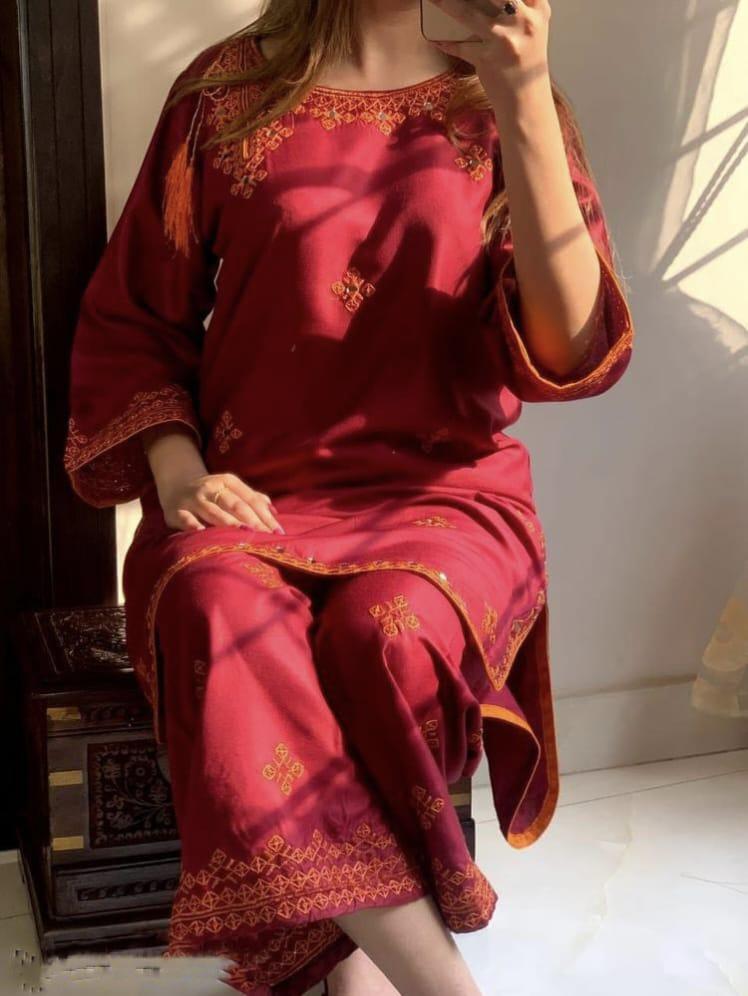 2Pcs Woman's Stitched Linen Embroidered shirt and Trouser