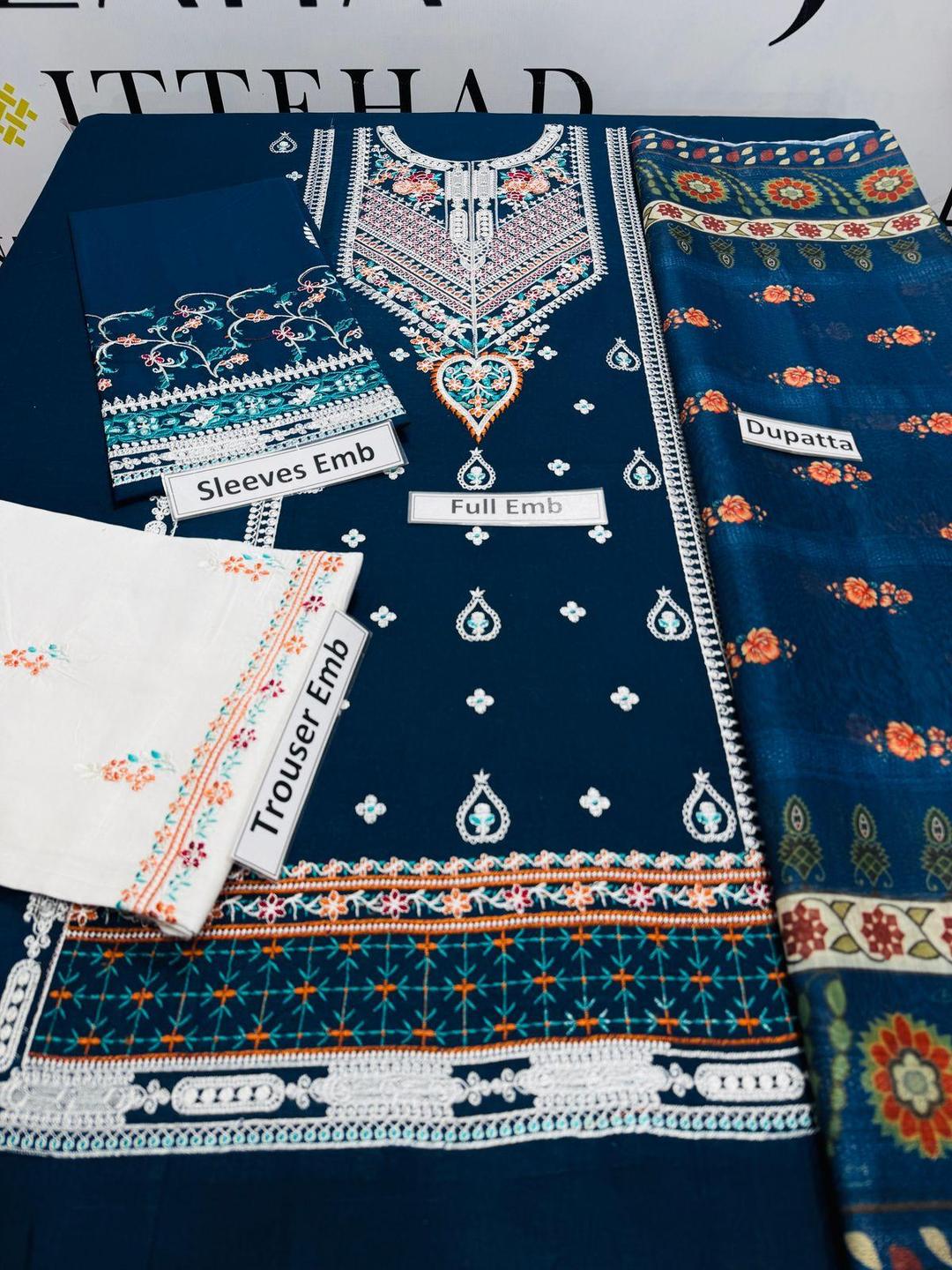 3 PCs Woman's Unstitched Embroidered Suits