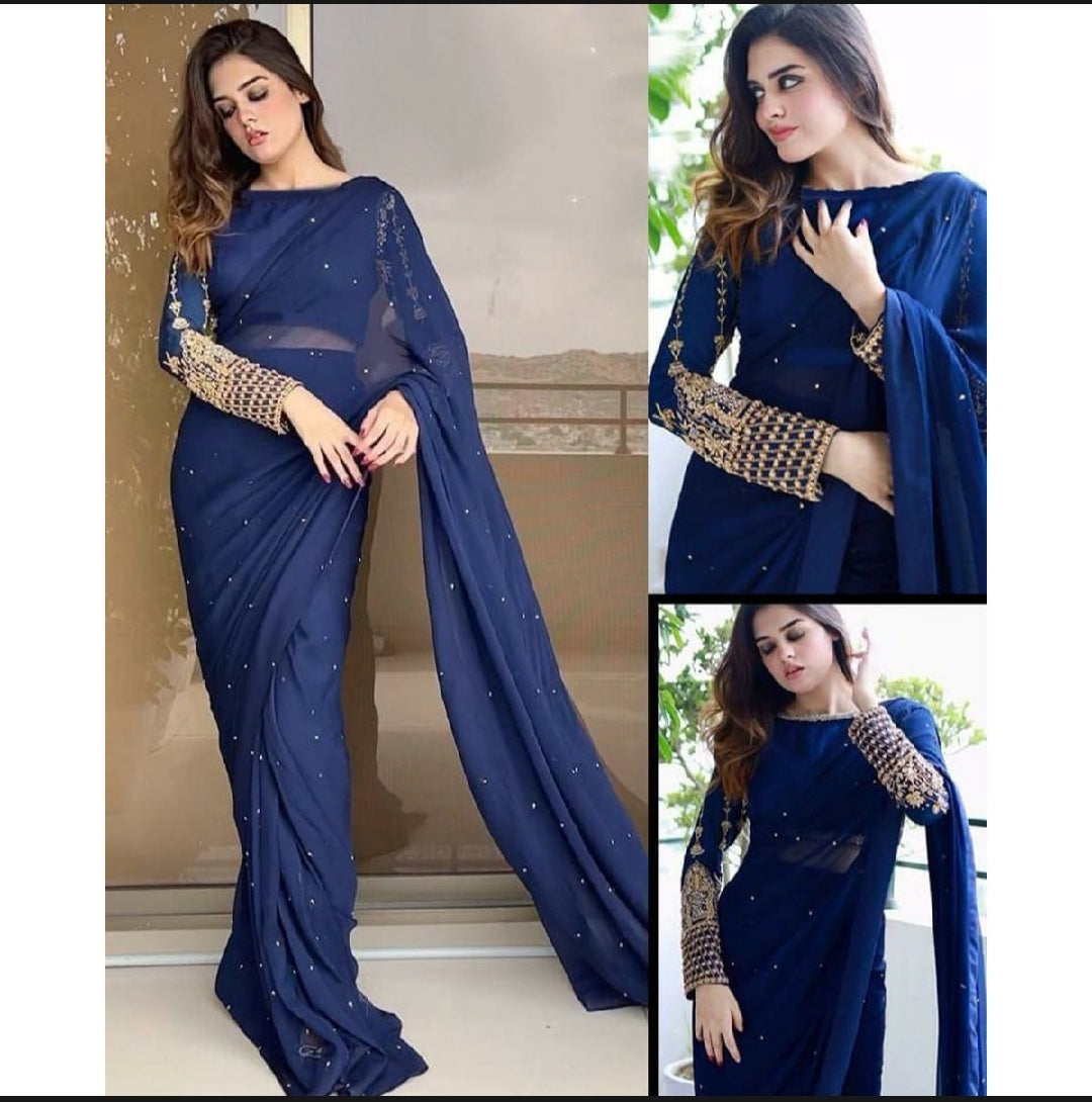 3 Pcs Woman's Stitched Crinkle Chiffon Embroidered Saree