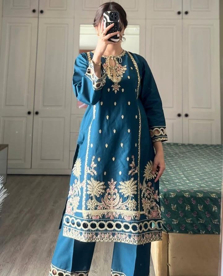 Woman's Stitched Embroidered - Lown Cotton Suits 2Pcs