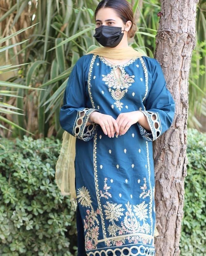 Woman's Stitched Embroidered - Lown Cotton Suits 2Pcs