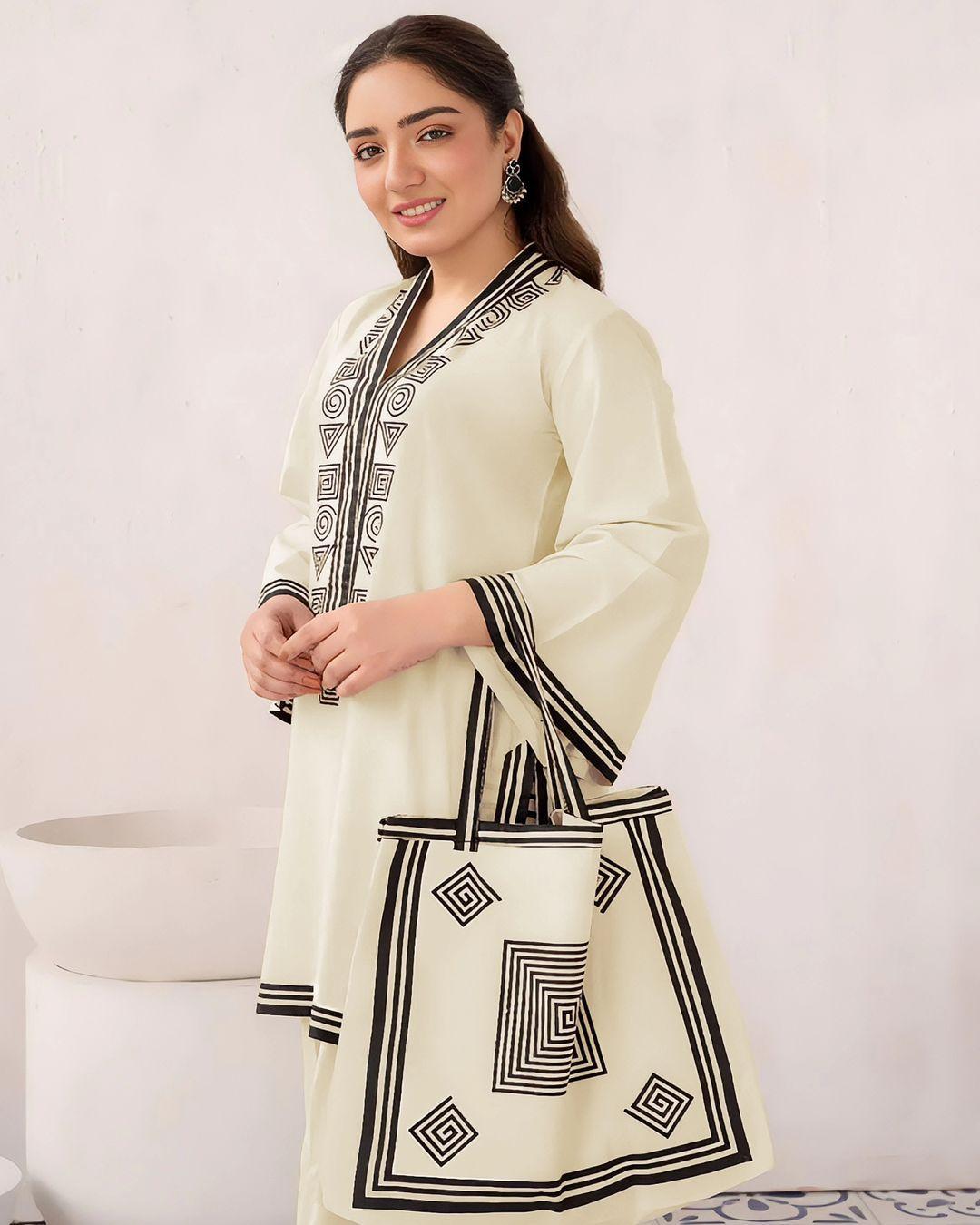 2Pcs Woman's Stitched Linen Printed Shirt And Trouser