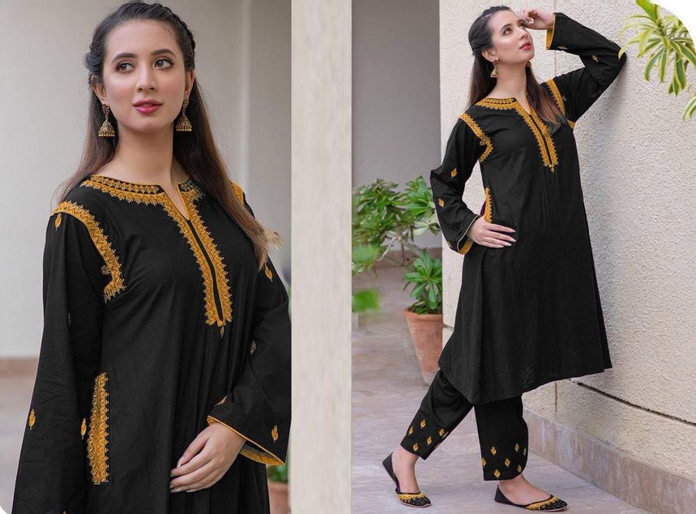 2Pcs Woman's Stitched Linen Embroidered shirt and Trouser