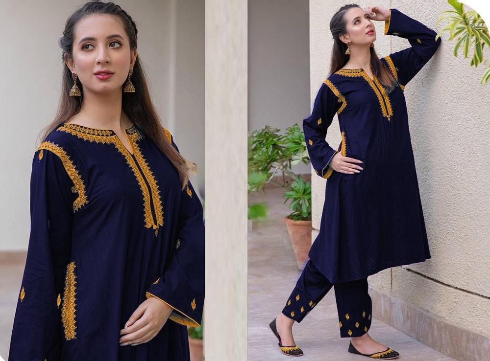 2Pcs Woman's Stitched Linen Embroidered shirt and Trouser