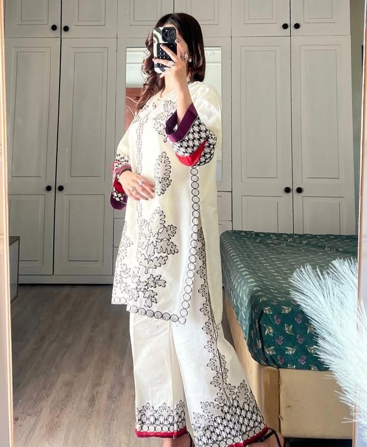 2Pcs Woman's Stitched Embroidered Shirt & Trouser