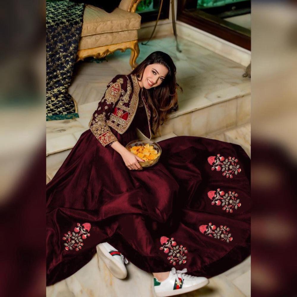 2 Pcs Woman stitched Silk Plain Maxi With Embroidered jacket
