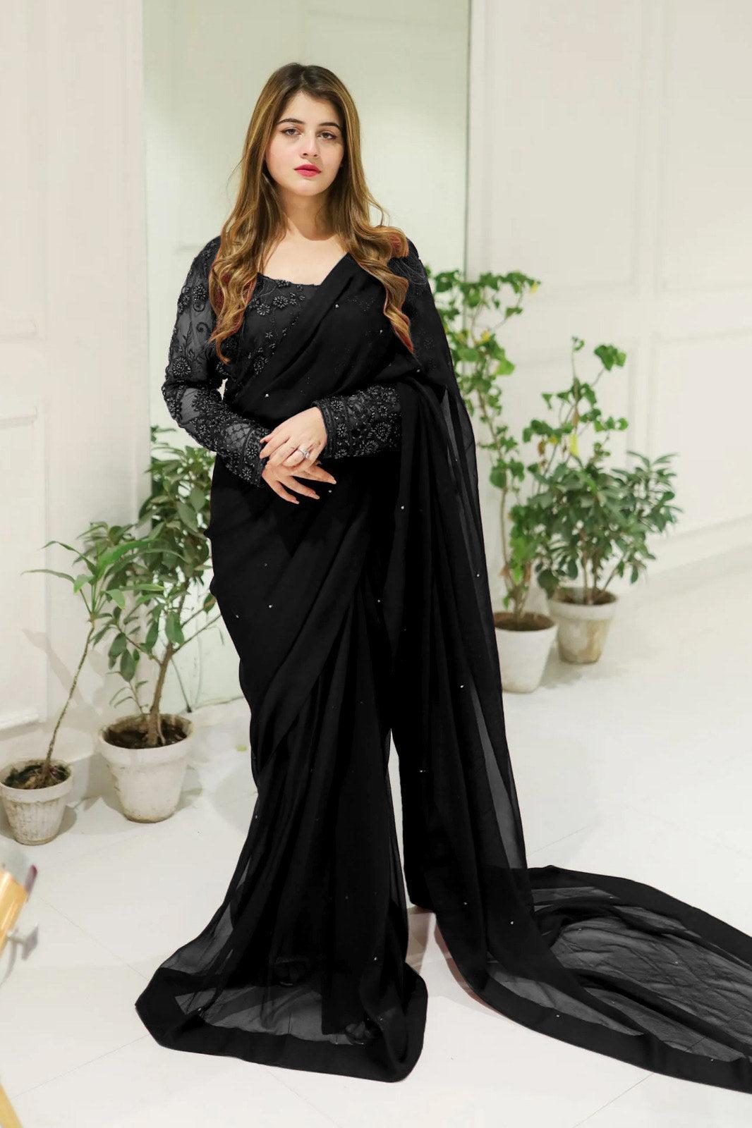 3 Pcs Woman's Chiffon Embroidered Stitched Saree