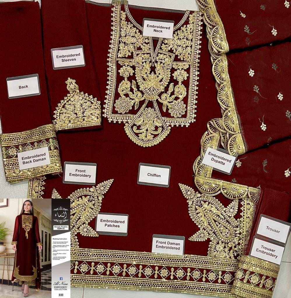 3pcs Woman's Unstitched Embroidered Suits