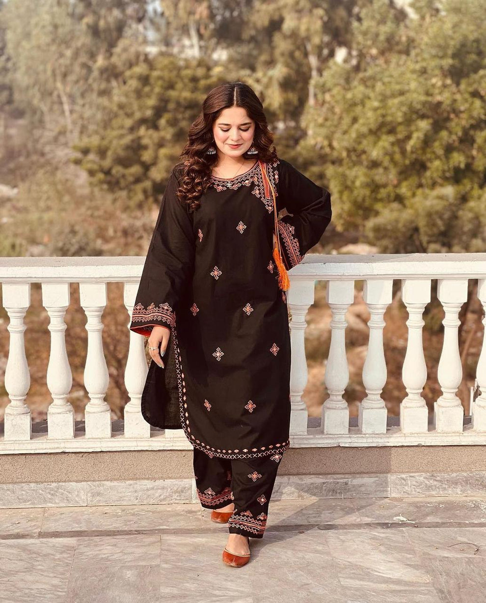 2Pcs Woman's Stitched Linen Embroidered shirt and Trouser