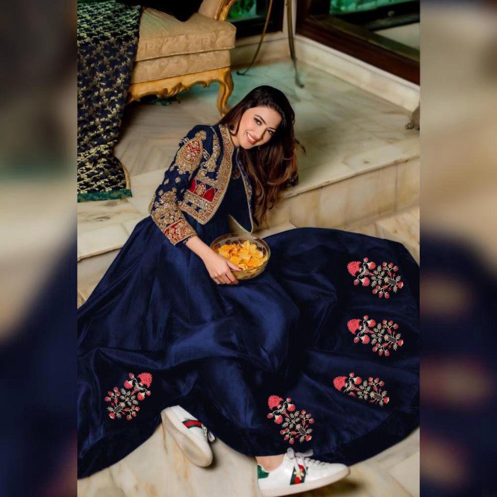 2 Pcs Woman stitched Silk Plain Maxi With Embroidered jacket