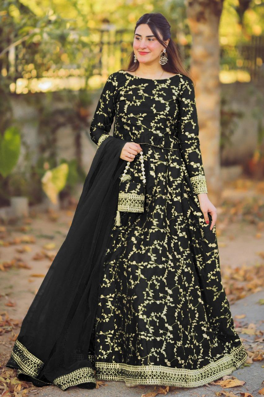 4Pcs Woman Stitched Katan Silk Embroidered Lehenga Choli