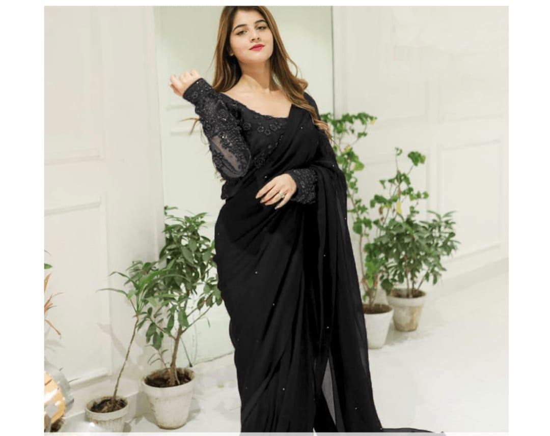 3 Pcs Woman's Chiffon Embroidered Stitched Saree