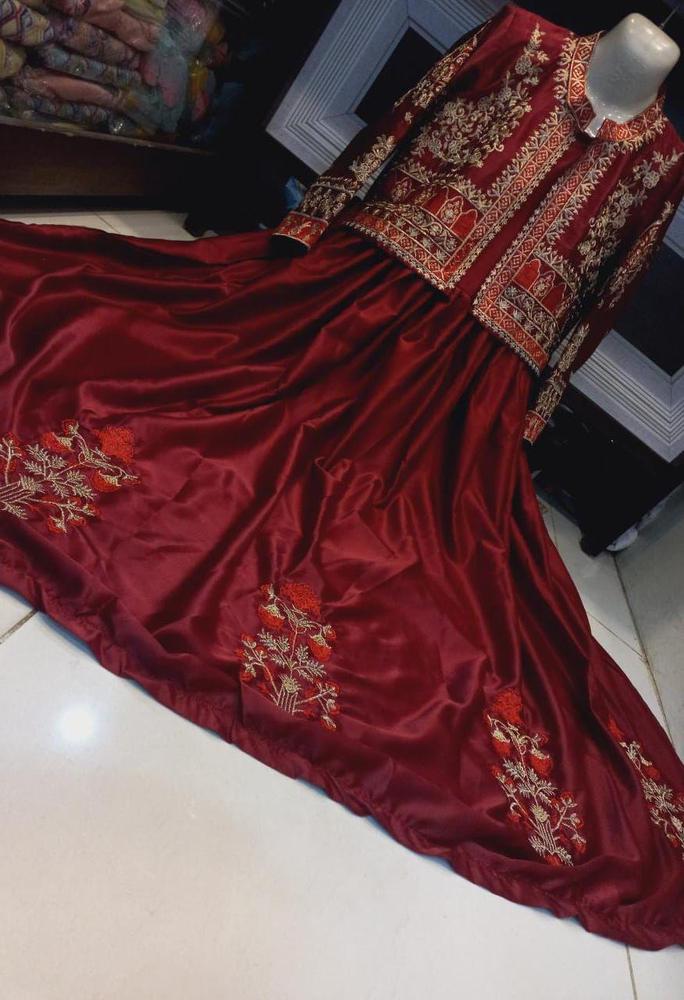 2 Pcs Woman stitched Silk Plain Maxi With Embroidered jacket
