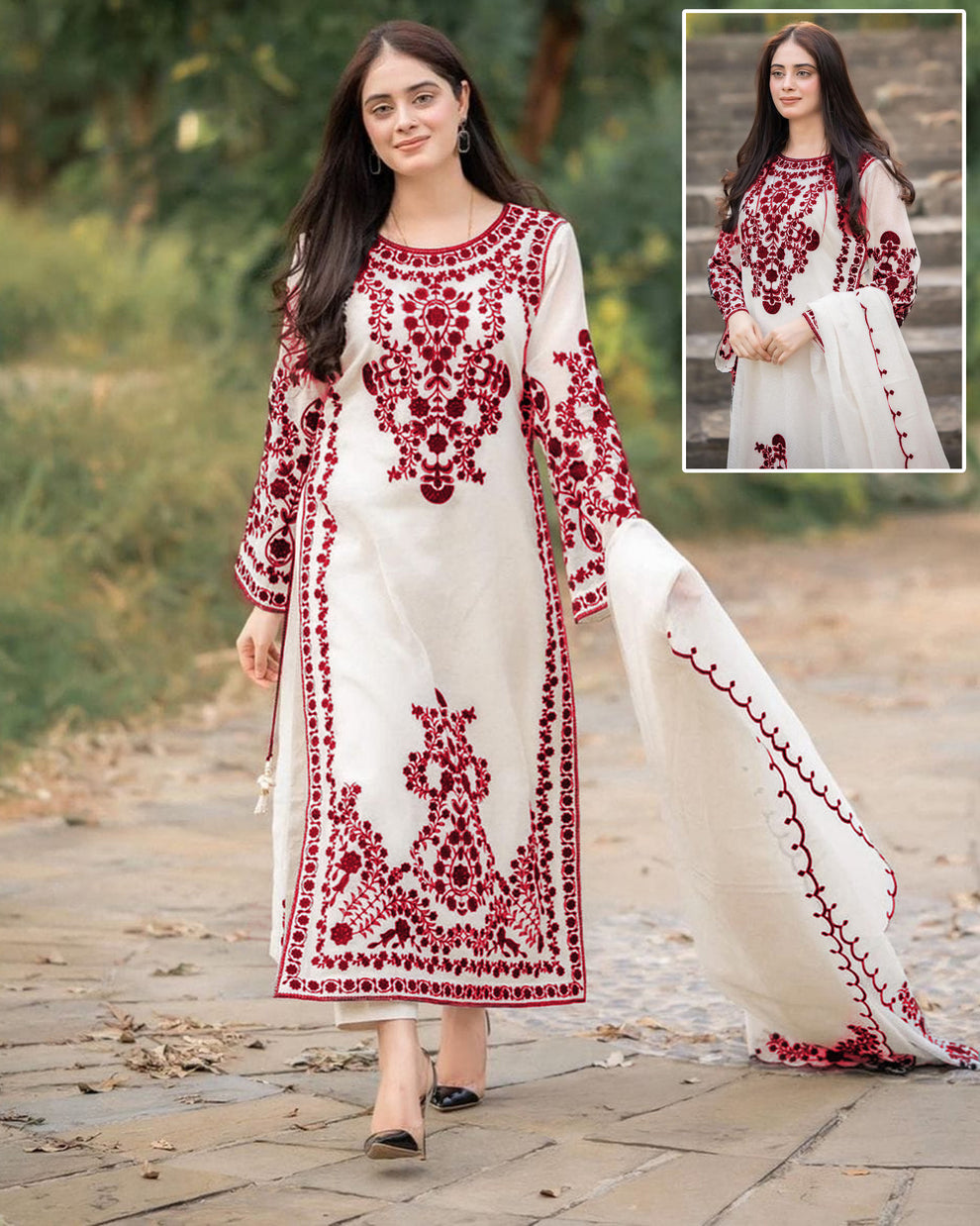 3Pcs Woman's Stitched Organza Embroidered Suits