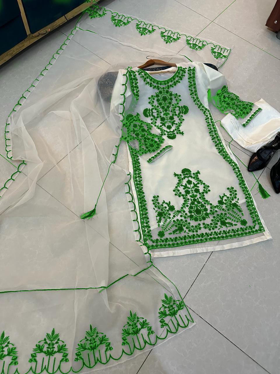 3Pcs Woman's Stitched Organza Embroidered Suits