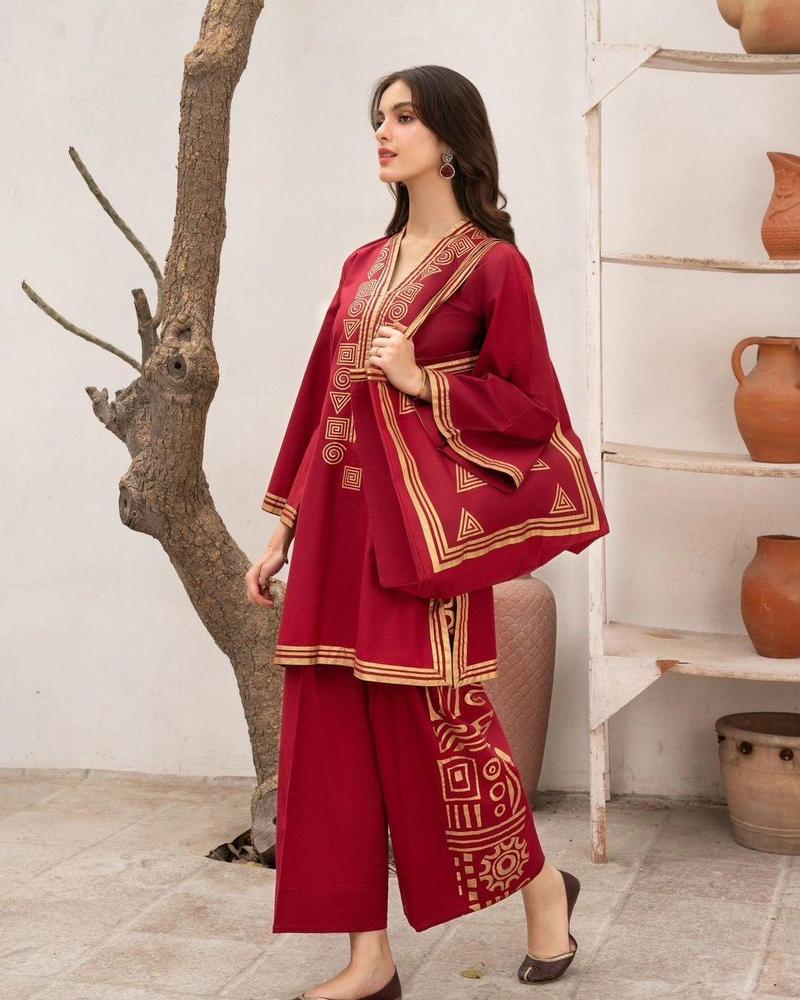 2Pcs Woman's Stitched Linen Printed Shirt And Trouser