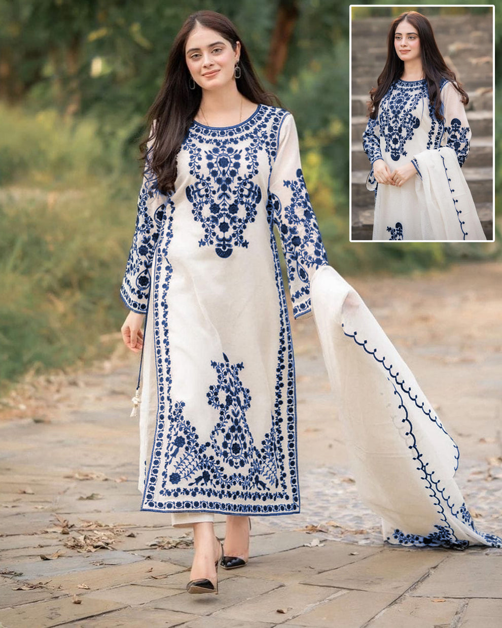 3Pcs Woman's Stitched Organza Embroidered Suits