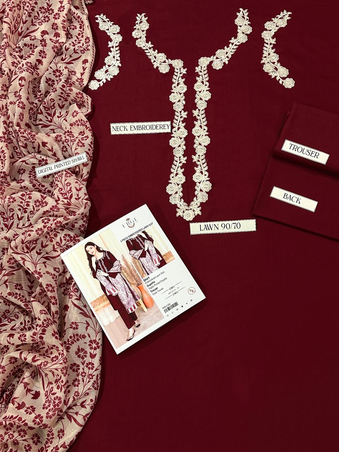 3 PCs Woman Unstitched Embroidered Suits