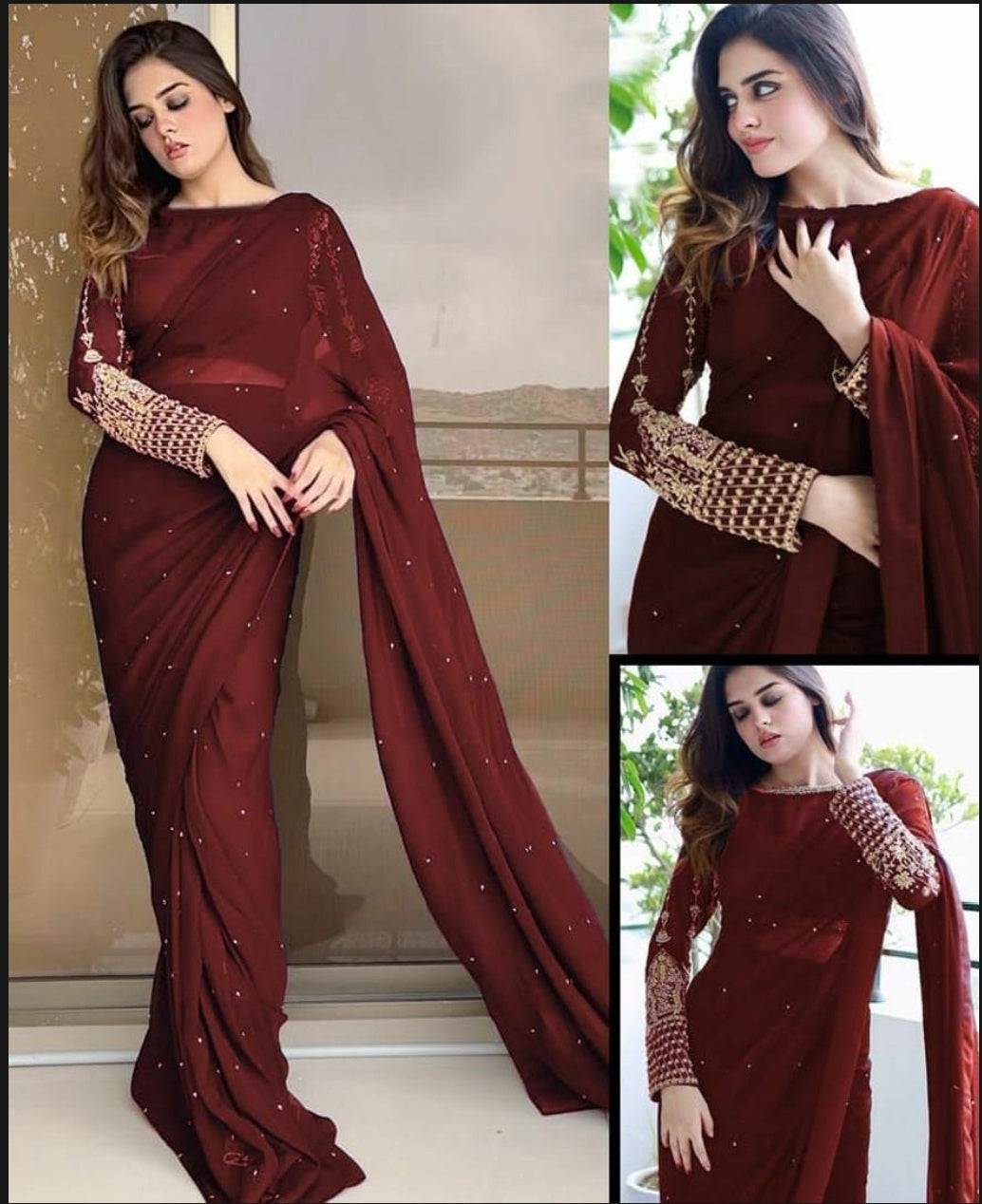 3 Pcs Woman's Stitched Crinkle Chiffon Embroidered Saree