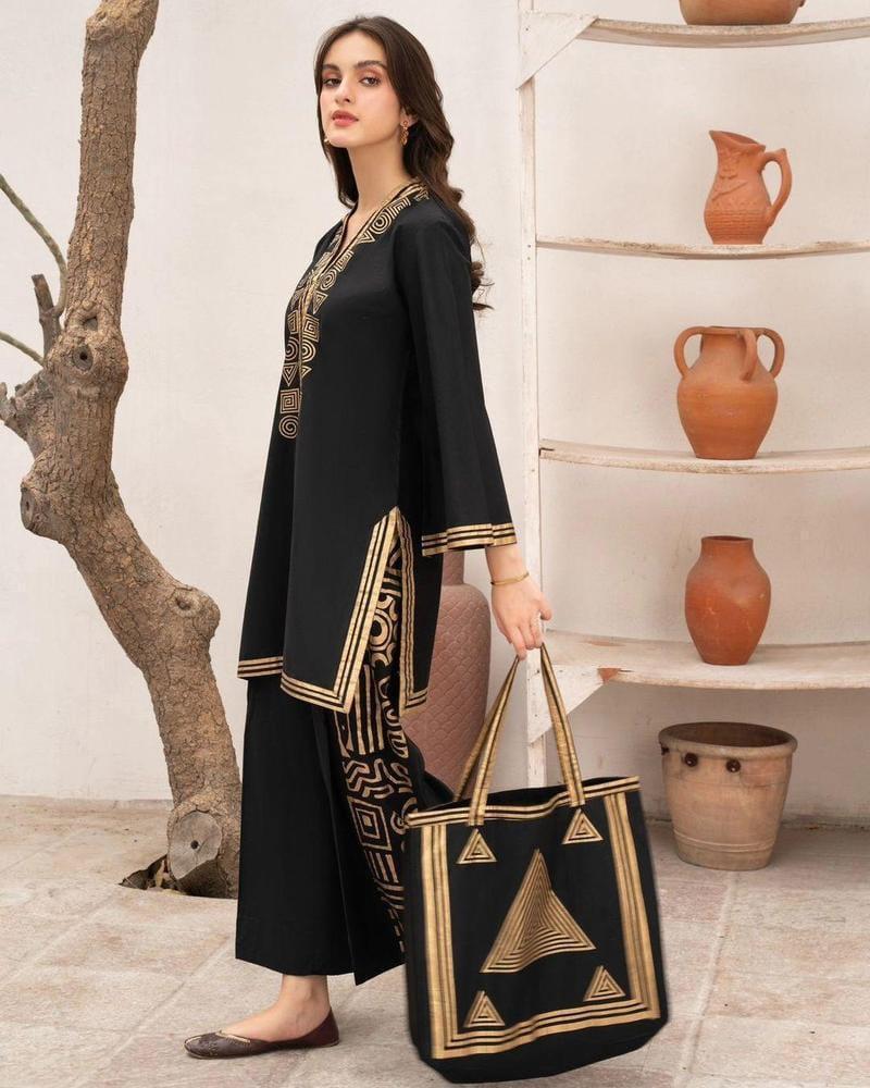2Pcs Woman's Stitched Linen Printed Shirt And Trouser