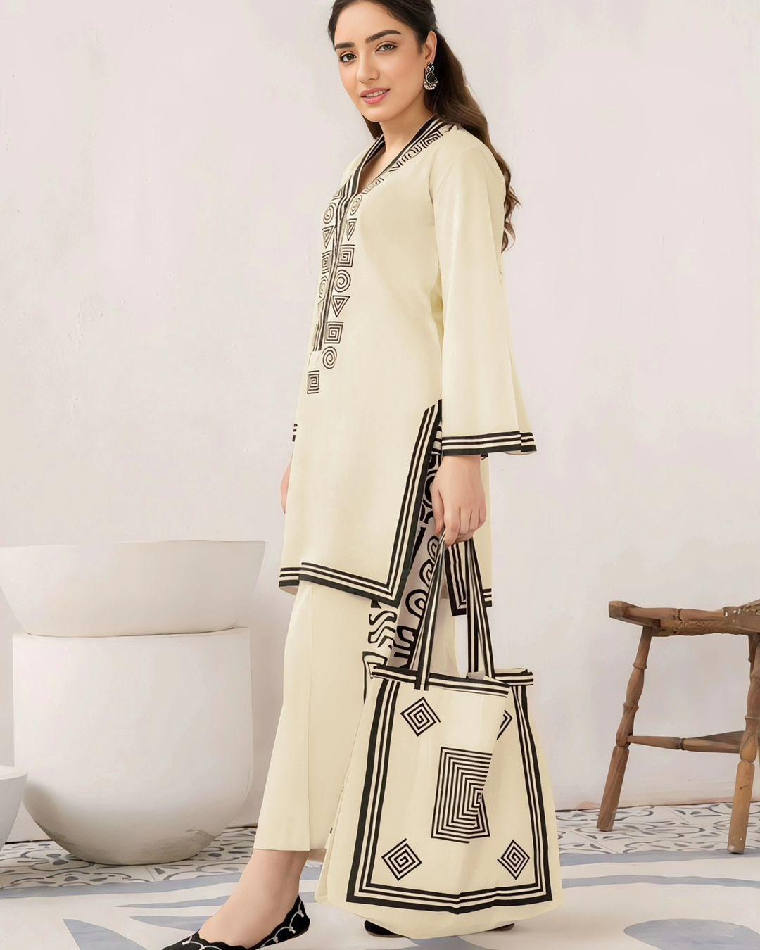 2Pcs Woman's Stitched Linen Printed Shirt And Trouser