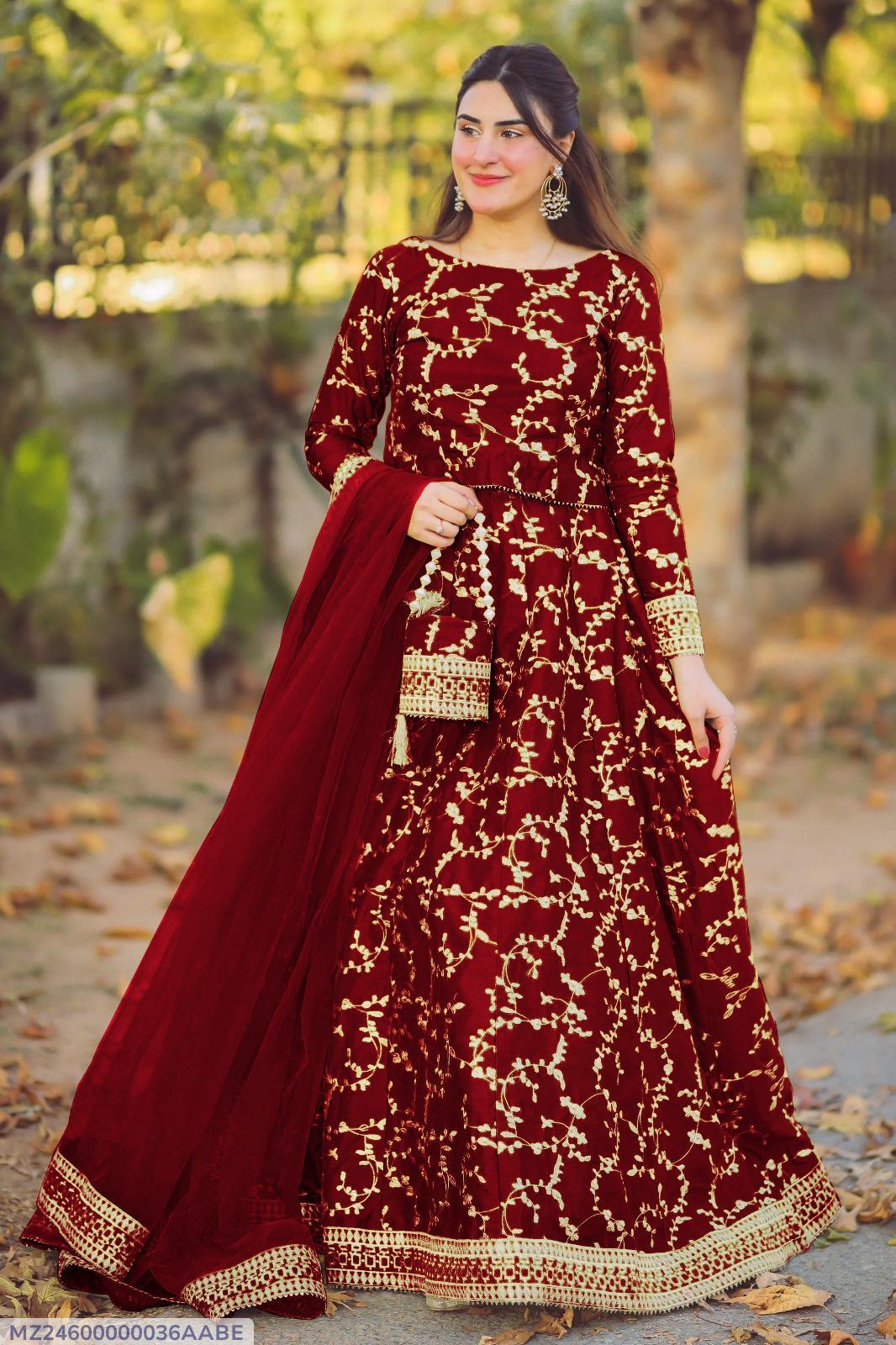 4Pcs Woman Stitched Katan Silk Embroidered Lehenga Choli