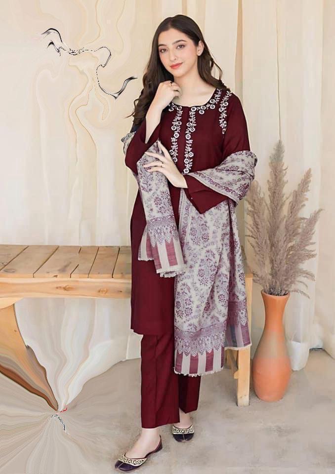 3 PCs Woman Unstitched Embroidered Suits