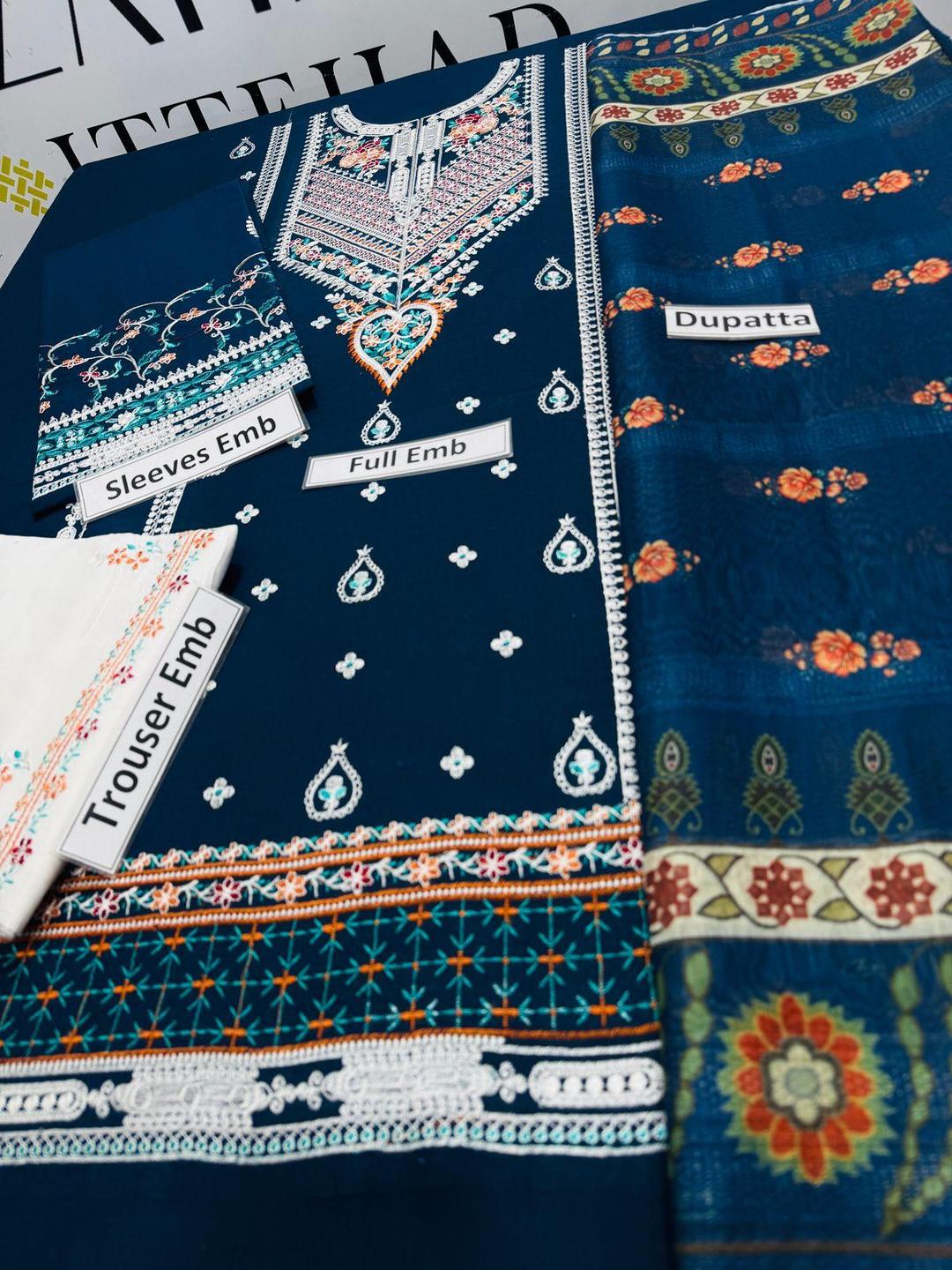 3 PCs Woman's Unstitched Embroidered Suits